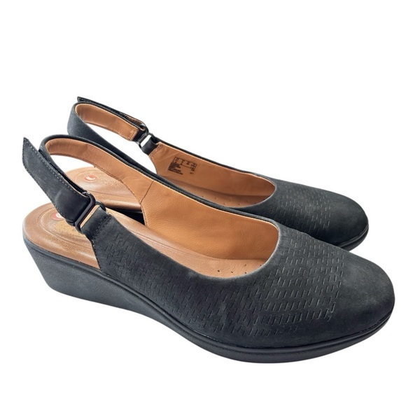 Clarks Unstructured Tallara Rae Black Suede Wedge Slingback Shoe Size 8 Comfort - Picture 1 of 11